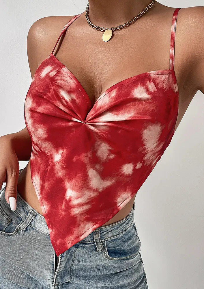 Red Tie-dye Print Halter Strap Top