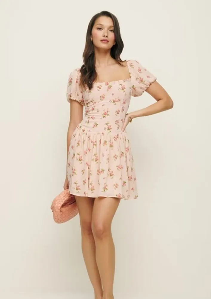 Pink Floral Print Puff Sleeve Dress