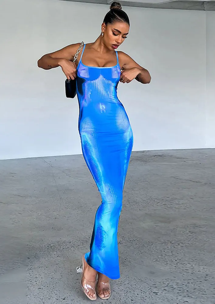 PRINTED BLUE SLEEVELESS MAXI DRESS