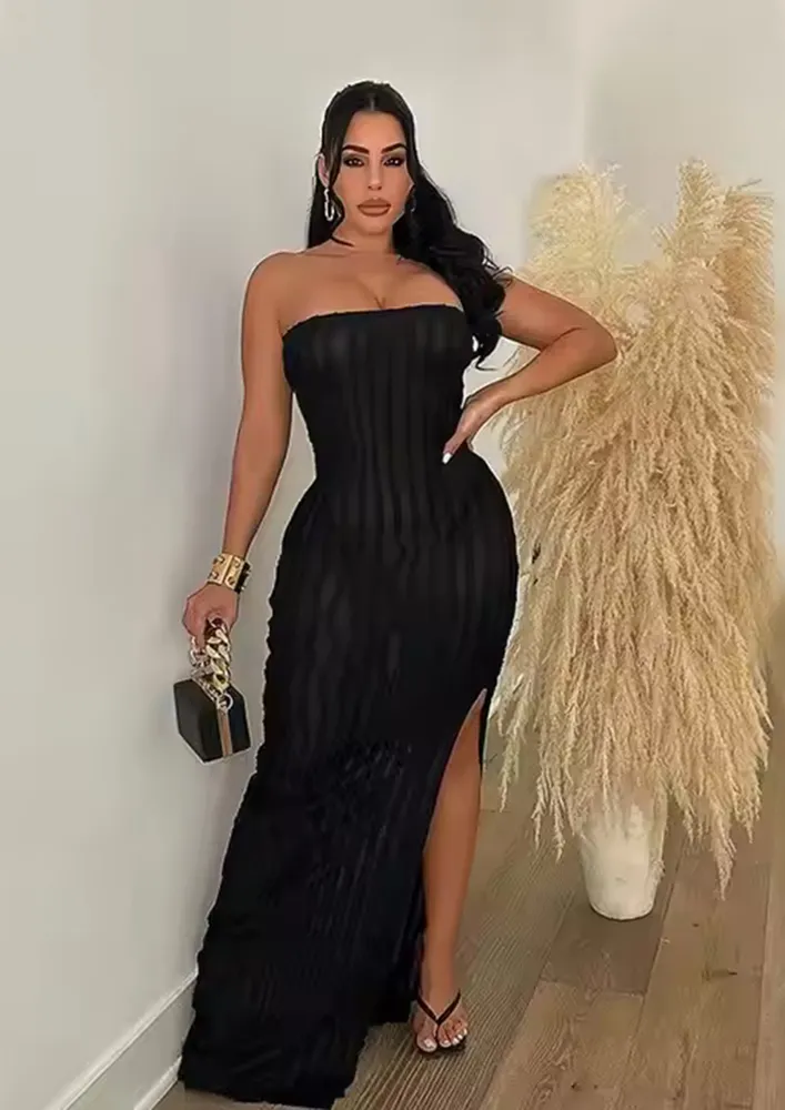 BLACK FRONT SLIT MAXI BANDEAU DRESS
