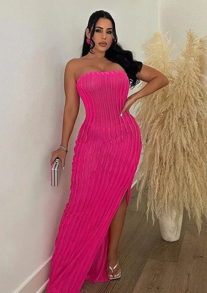 PINK FRONT SLIT MAXI BANDEAU DRESS