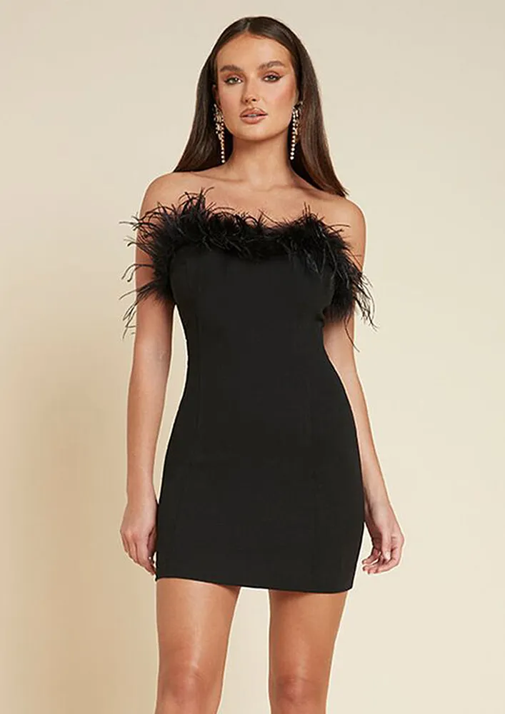 FAUX FEATHER DETAIL BLACK BANDEAU DRESS