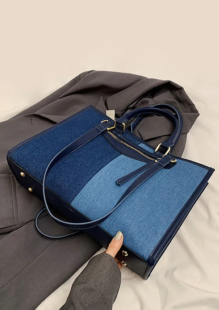 DARK BLUE COLORBLOCKED COMMUTER HANDBAG