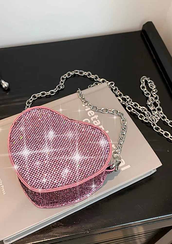 PINK EMBELLISHED HEART-SHAPE MINI SLING BAG