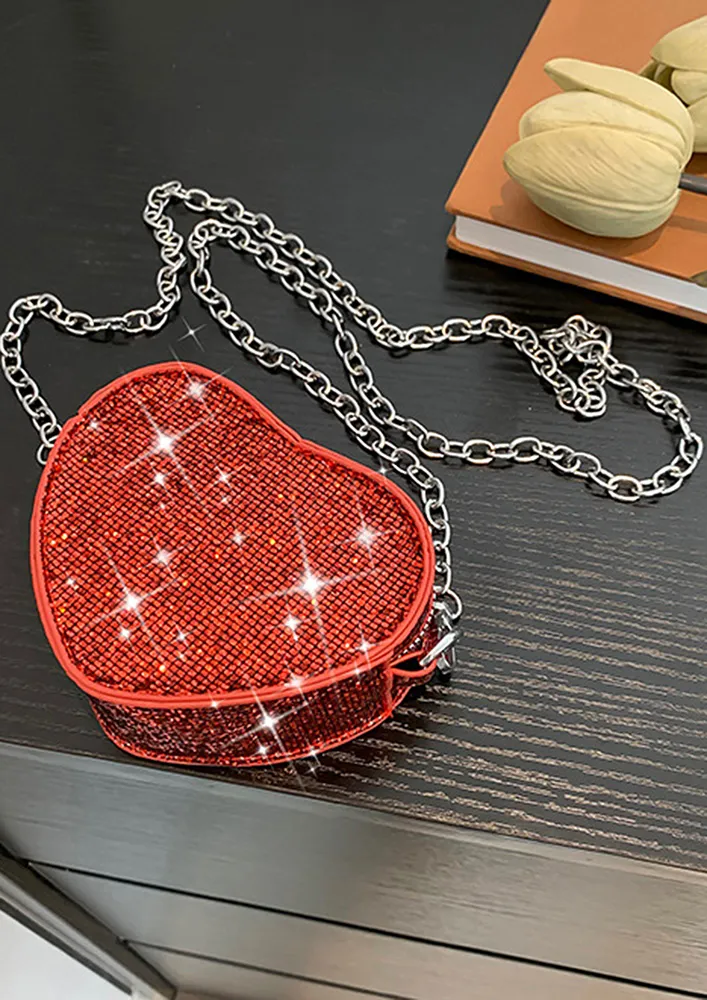 RED EMBELLISHED HEART-SHAPE MINI SLING BAG