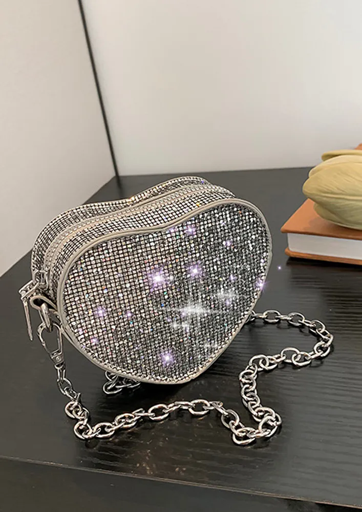 SILVER EMBELLISHED HEART-SHAPE MINI SLING BAG