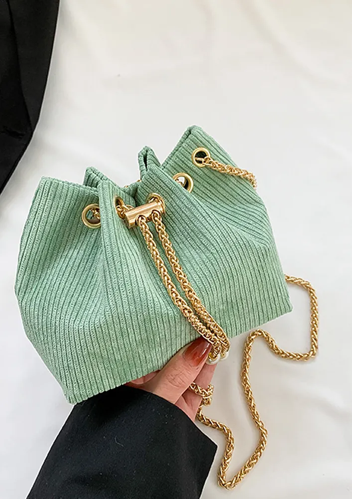 GREEN PIT STRIP CHAIN-DRAWSTRING BUCKET BAG