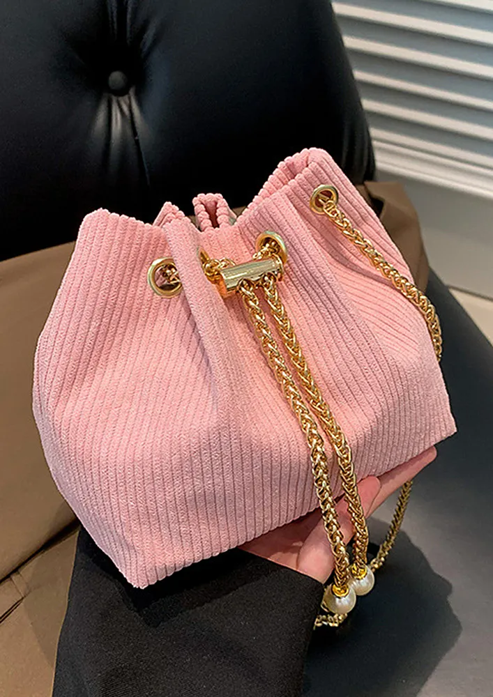 PINK PIT STRIP CHAIN-DRAWSTRING BUCKET BAG