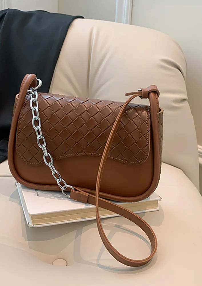 BROWN TEXTURED FLAP SHOULDER BAG