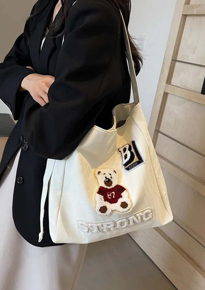 WHITE APPLIQUE WORK TOTE BAG