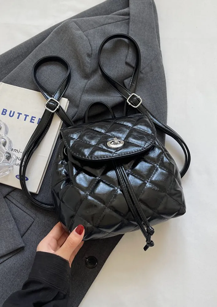 BLACK QUILTED FAUX LEATHER BACKPACK