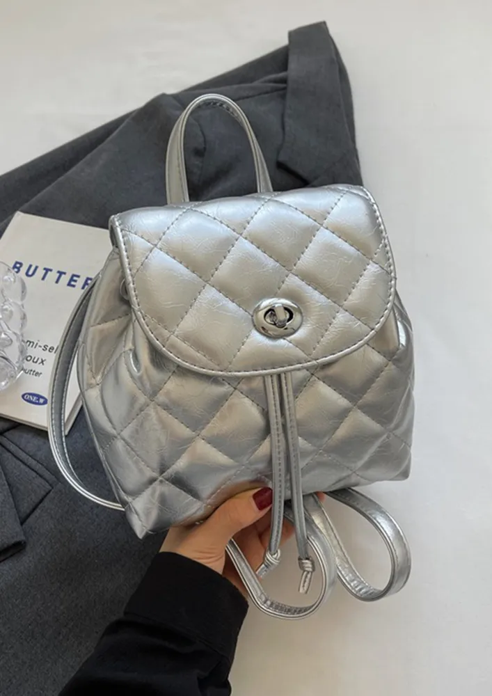 SILVER QUILTED FAUX LEATHER BACKPACK