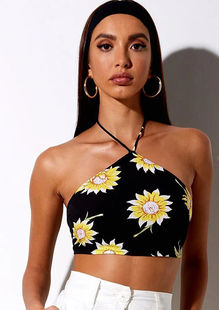 Black Floral Print Halter Neck Top