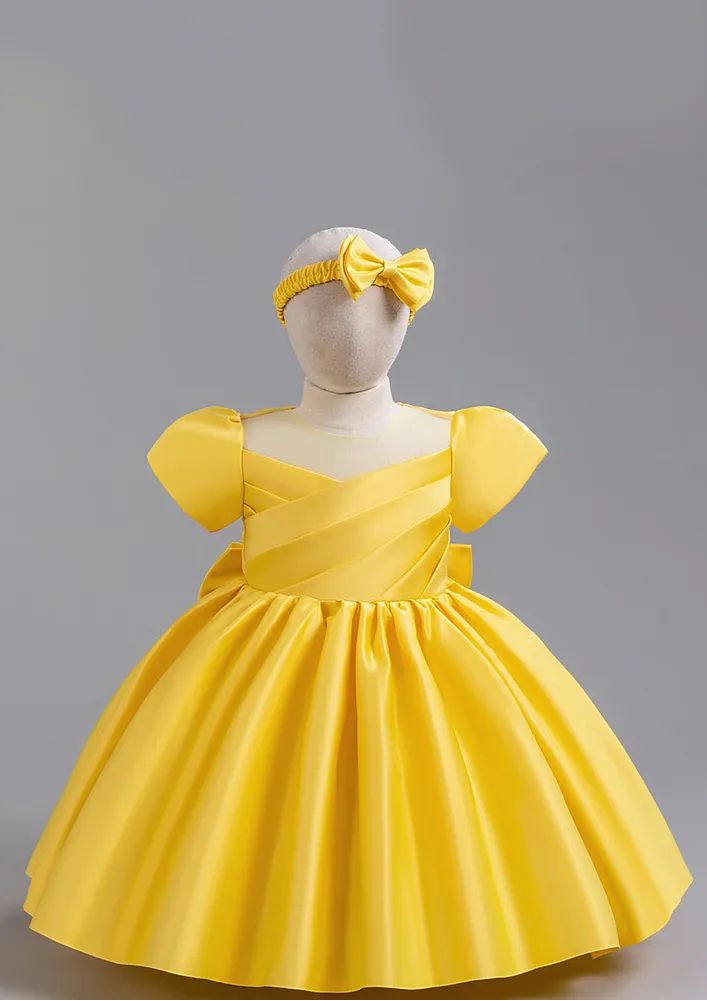 Girls Yellow Pleated Detail Fit And Flare Dress W/ Headband