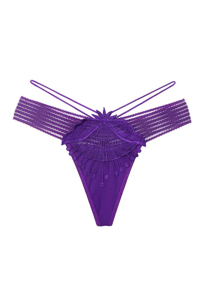 Free Size Lace Applique Low-rise Purple Thong