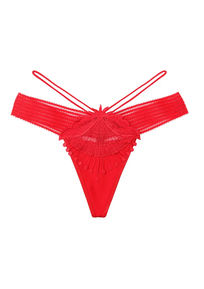 Free Size Lace Applique Low-rise Red Thong