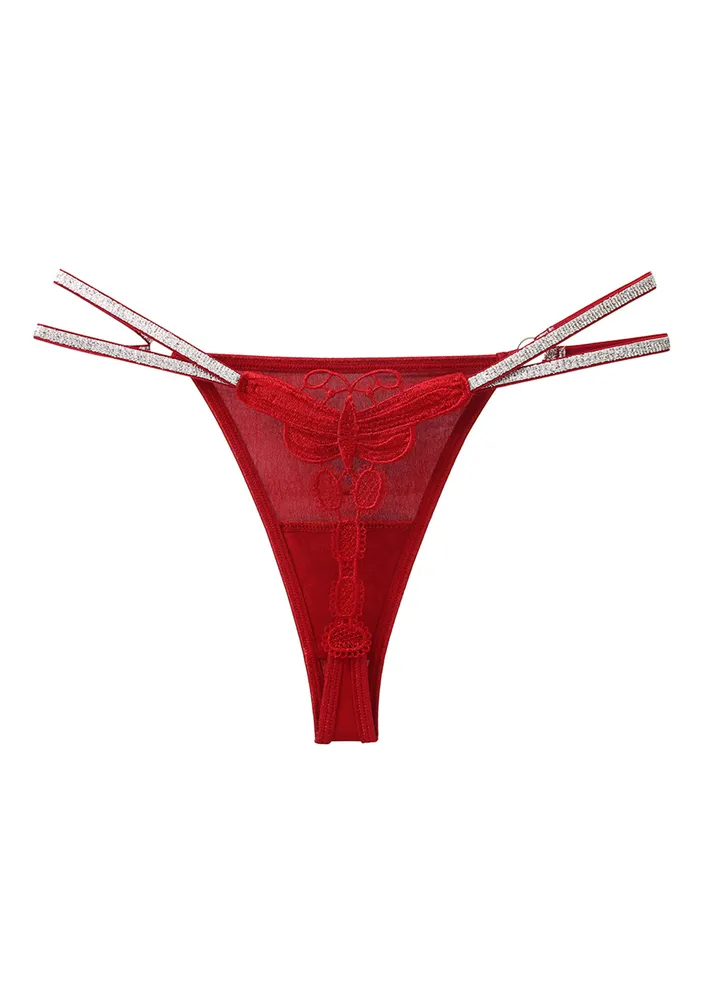 Fs Crimson Butterfly Embroidery Thong Briefs