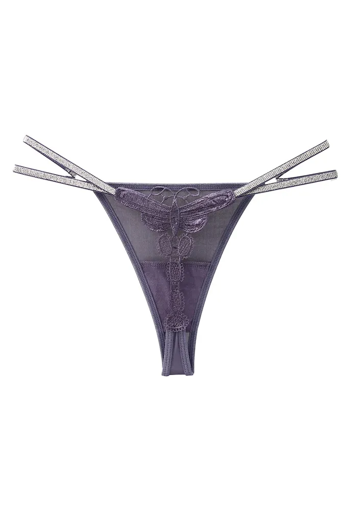 Fs Purple Butterfly Embroidery Thong Briefs