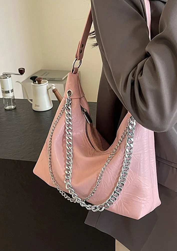 PINK TEXTURED FAUX LEATHER HOBO BAG