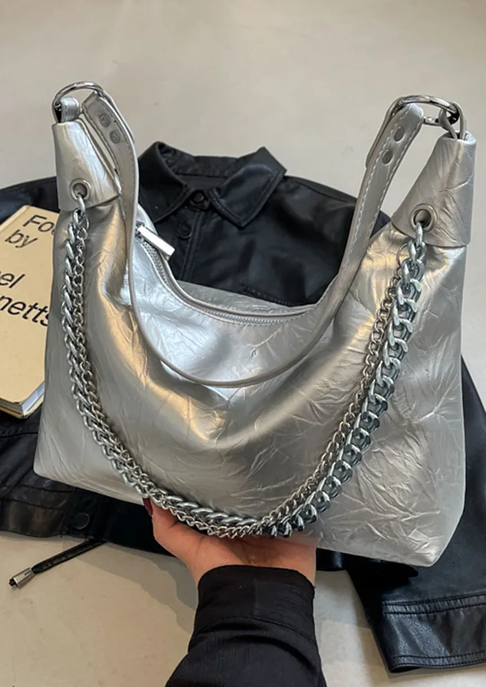 SILVER TEXTURED FAUX LEATHER HOBO BAG