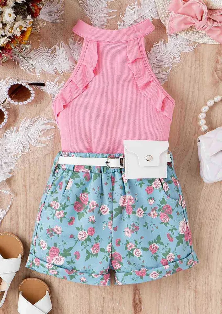 Girls Pink Top & Printed Straight Shorts W/ Waist Bag