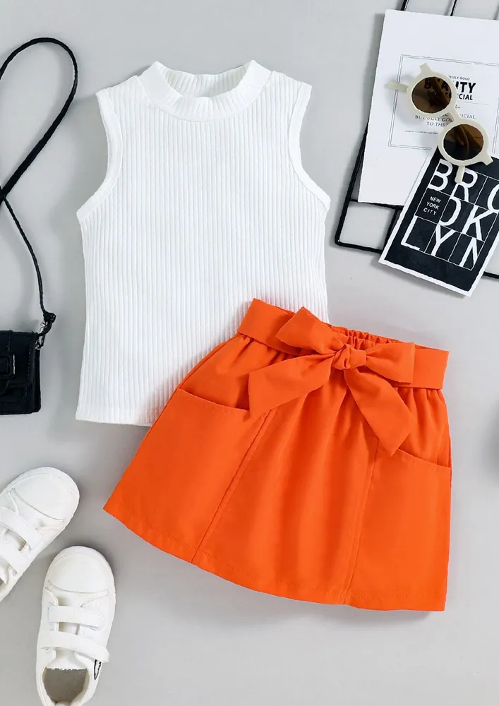 Girls Mock Neck Vest Top & Orange Skirt