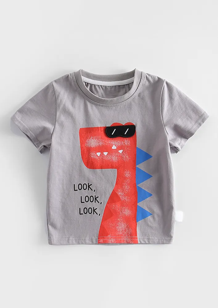 Boys Printed Grey Crew Neck T-shirt