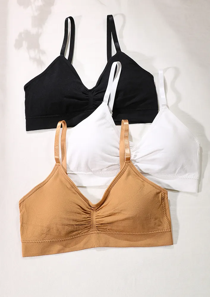 Three Piece Gathered-detail Everyday Bra Set