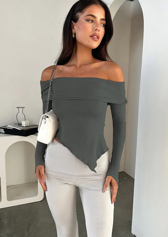 Grey Off-shoulder Diagonal Hem Fold-over Top