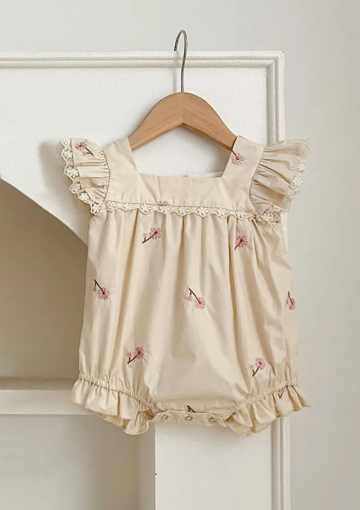 Girls Square Neck Floral Embroidery Onesie