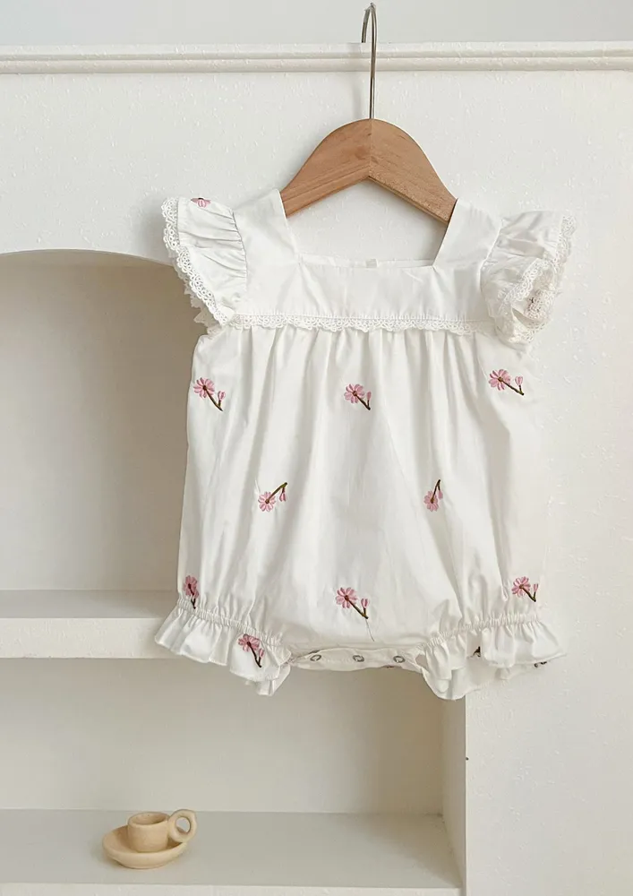 Girls Square Neck Floral Embroidery White Onesie