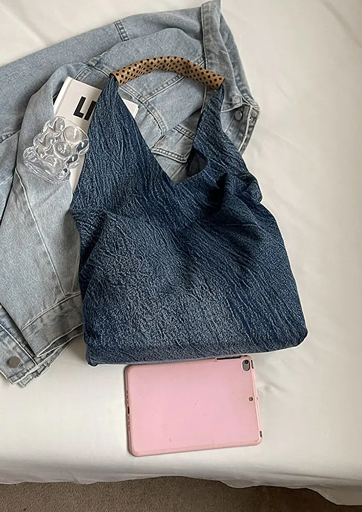 DARK BLUE FADED DENIM HOBO BAG