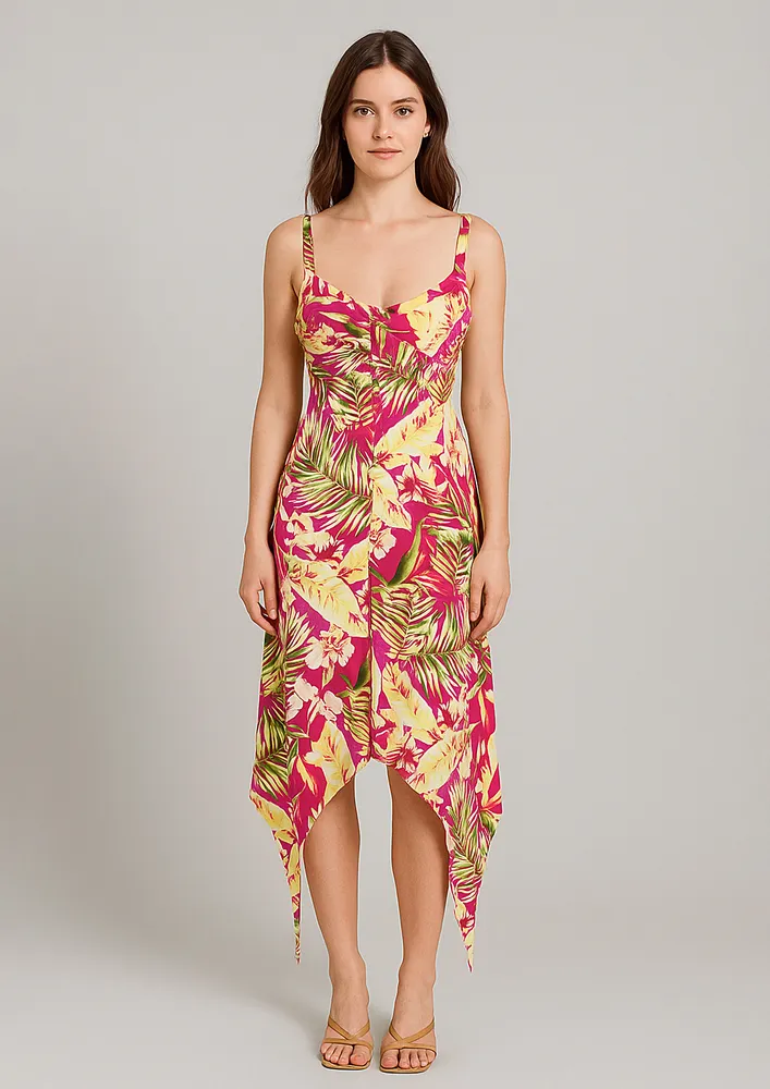 RED TROPICAL PRINT ASYMMETRICAL SLEEVELESS DRESS