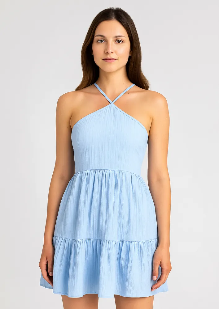 BLUE HALTER NECK LACE-UP BACK MINI DRESS