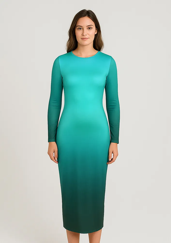 GREEN OMBRE-DYED FULL SLEEVE DRESS