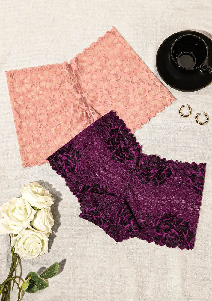 SET OF TWO PINK & DEEP PURPLE LACY BOYSHORTS