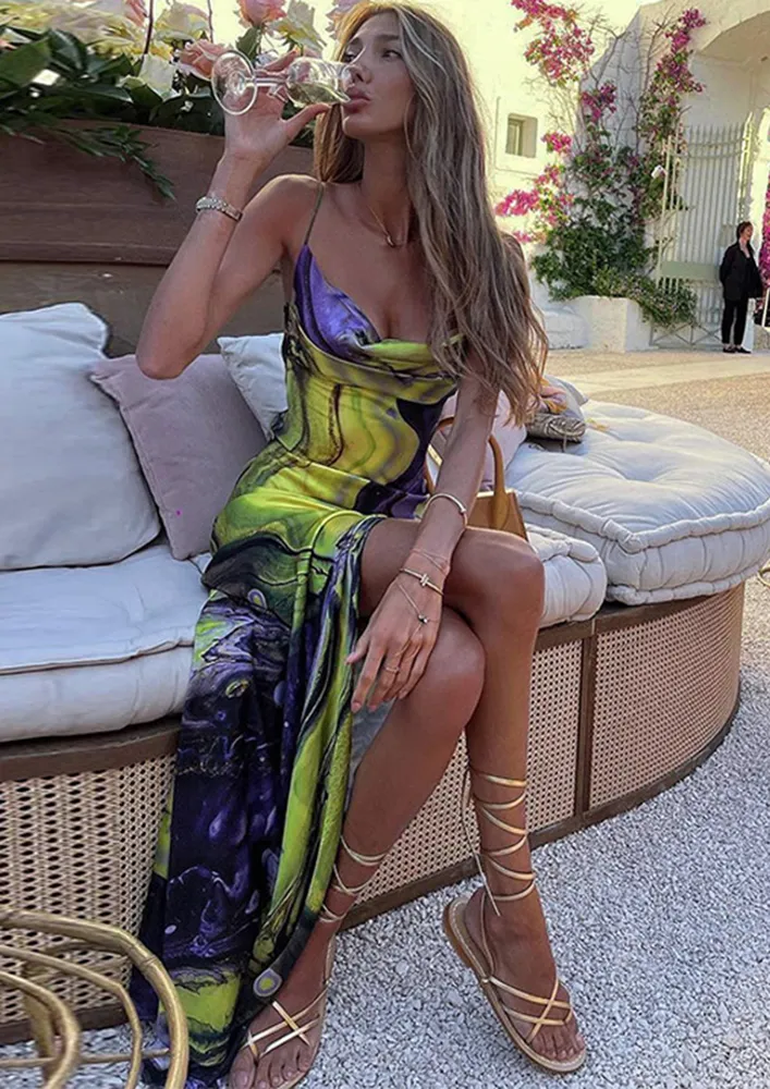 PRINTED MOPPING MAXI SLIT DRESS