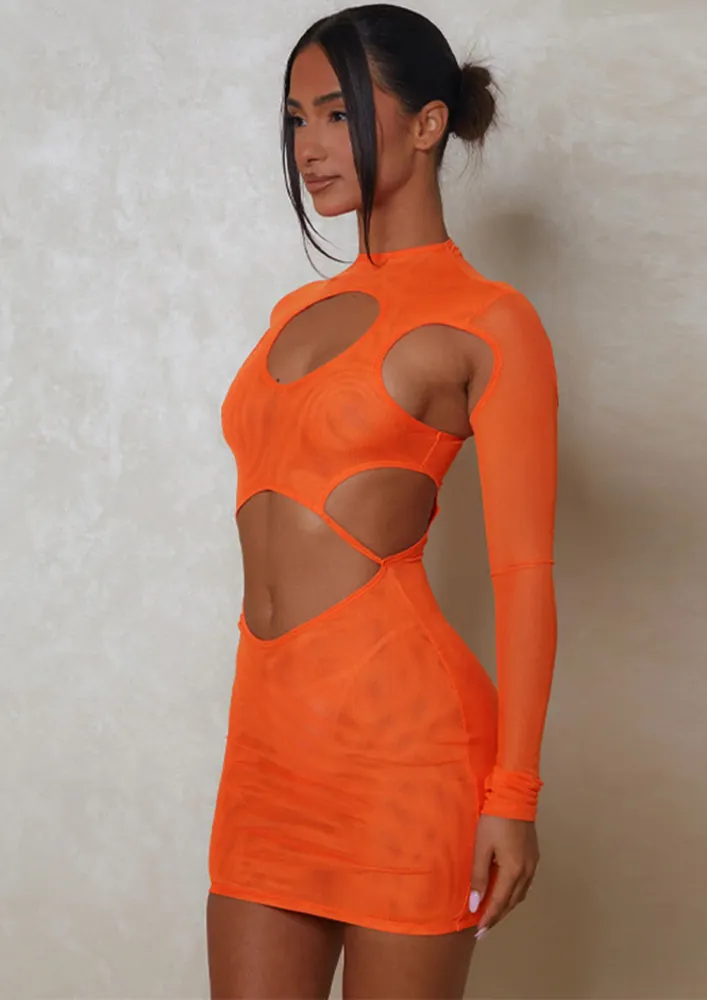 MESH TRANSCLUCENT ORANGE BODYCON DRESS