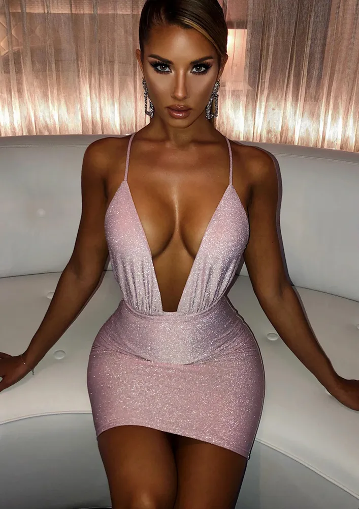 GLITTERY HALTER PINK BODYCON DRESS