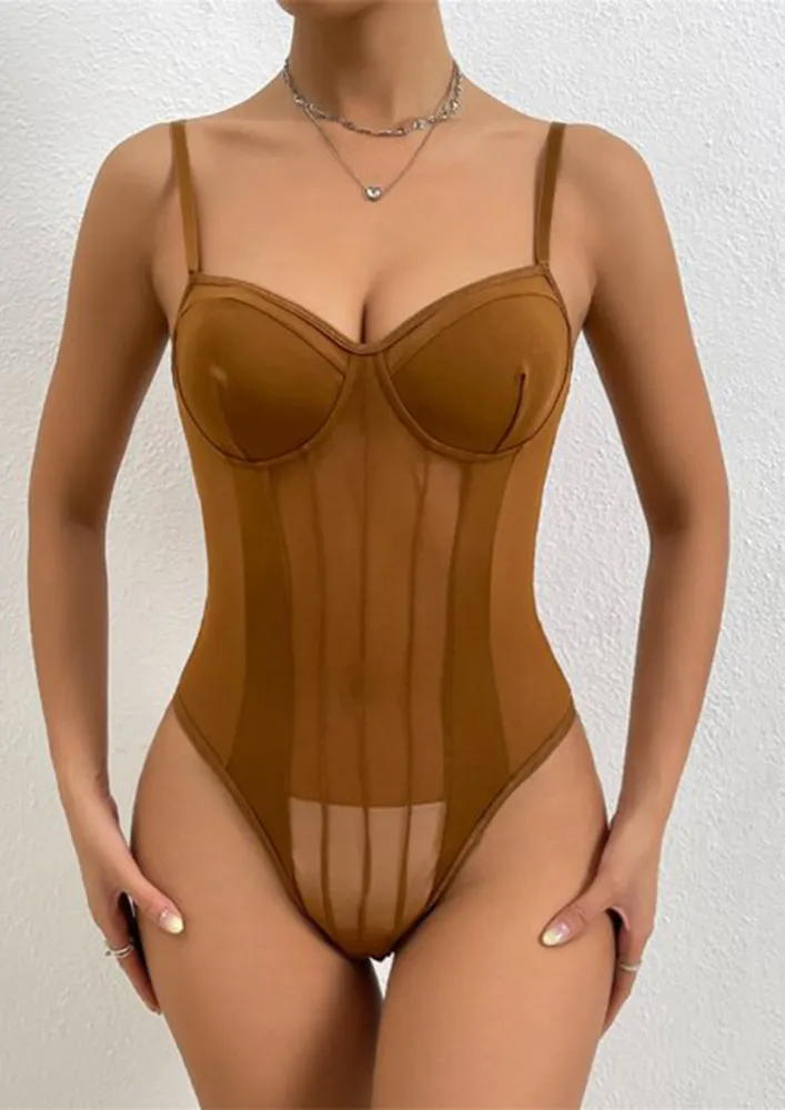 BROWN MESH-DETAIL SEAMLESS BODYSUIT