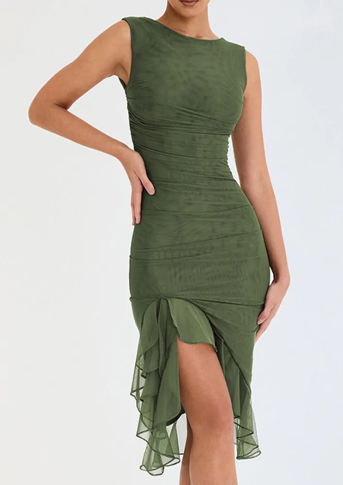 GREEN RETRO SLIM ASYMMETRICAL DRESS