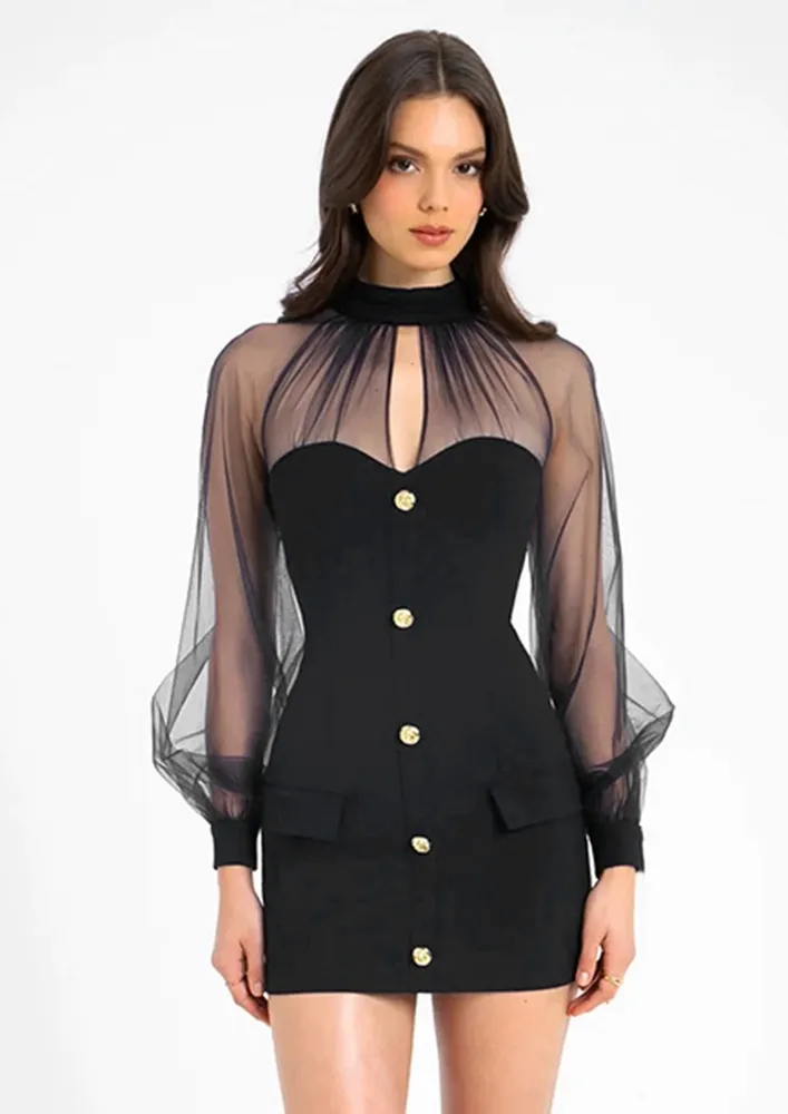 Keyhole Neckline Black Sheer-sleeved Dress
