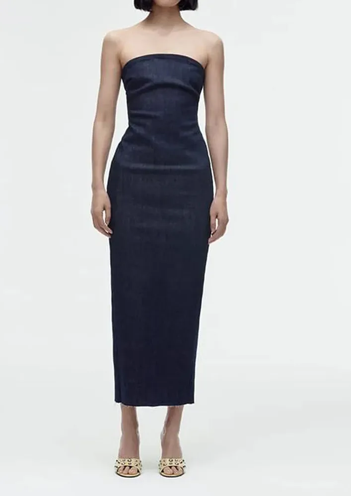 DEEP-BLUE STRAPLESS DENIM DRESS