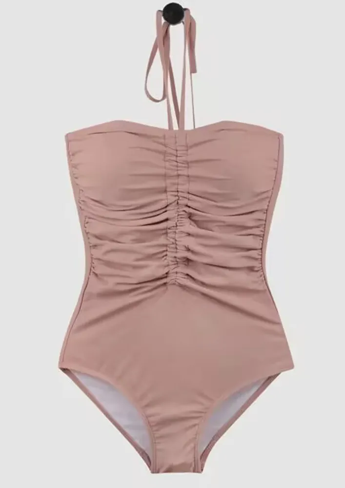 SOLID PINK HALTERNECK SWIMSUIT