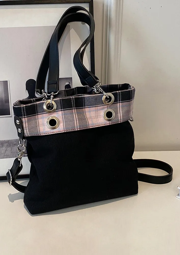 PLAID PATTERN BLACK CANVAS TOTE BAG