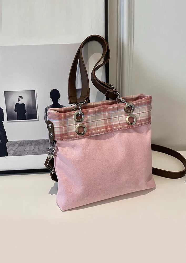 PLAID PATTERN PINK CANVAS TOTE BAG