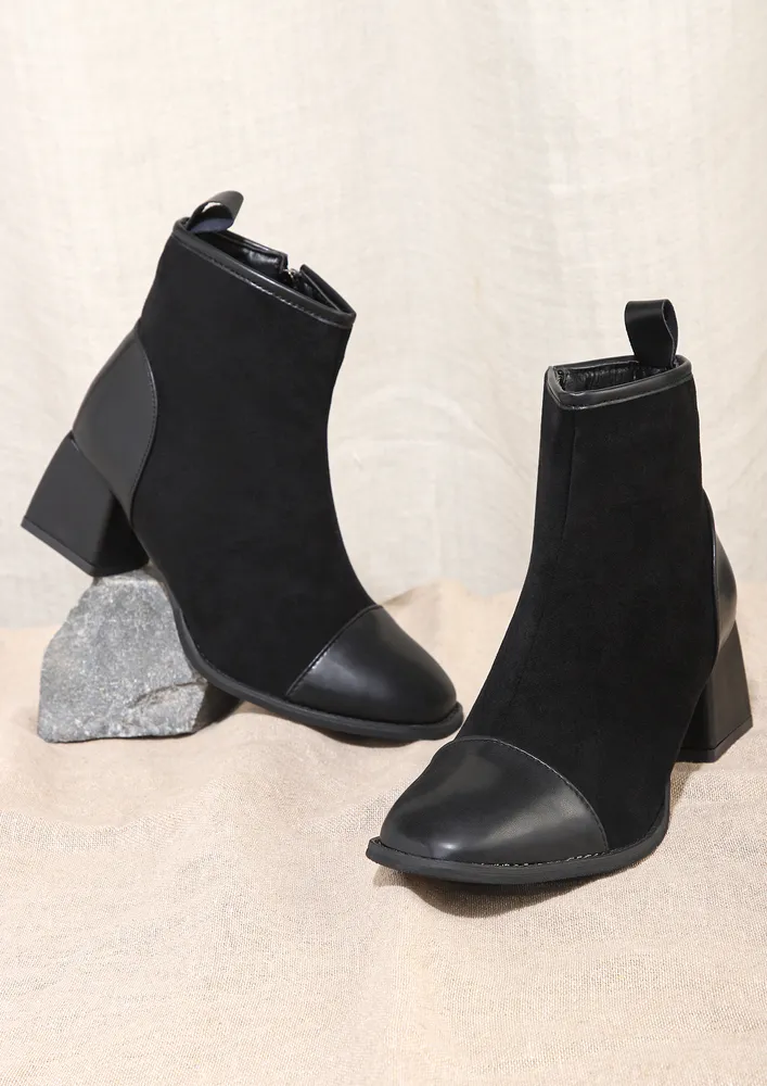 PU & FAUX LEATHER BLOCK HEEL BLACK BOOTS