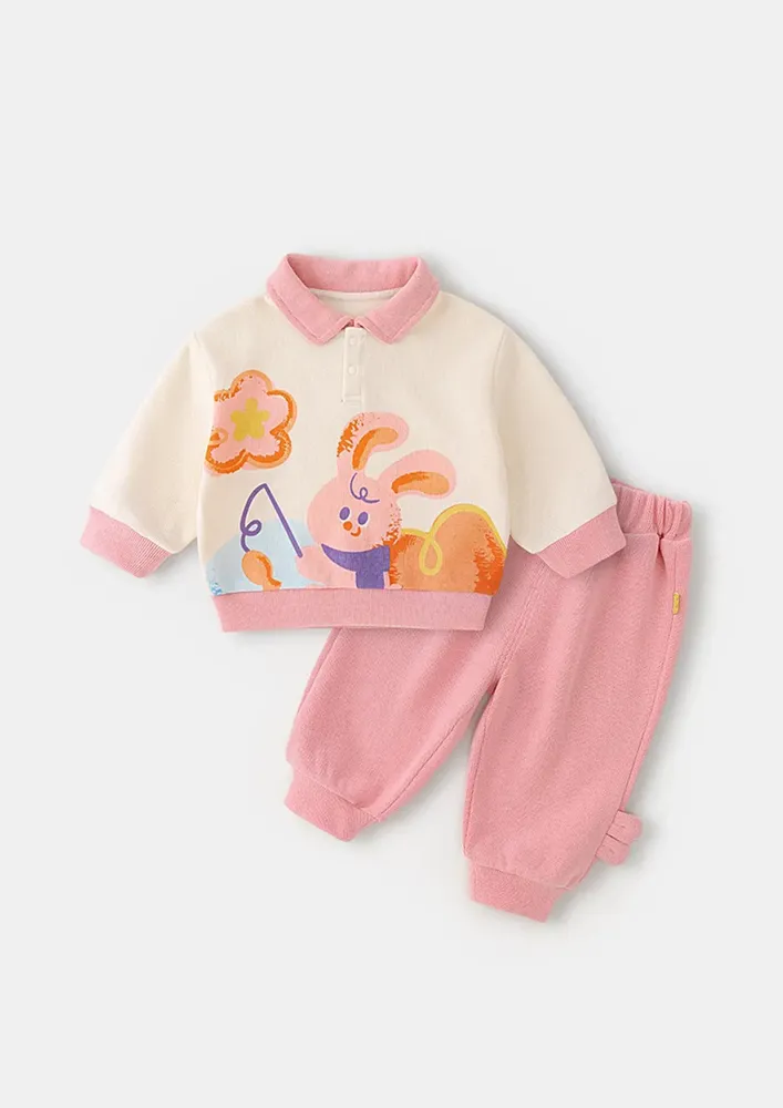 Girls Pink Polo Graphic Print Sweatshirt & Joggers