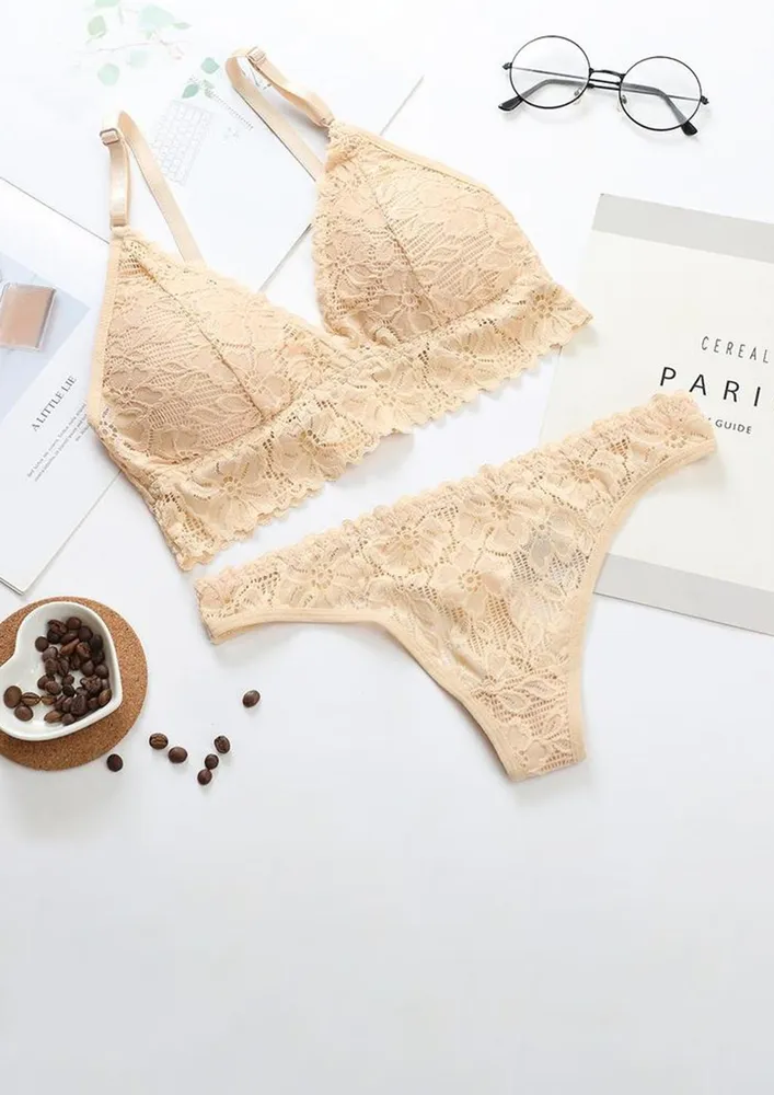 BEIGE KNIT LACE-DETAIL BRALETTE-PANTY SET