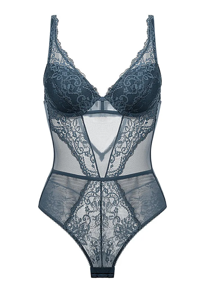 Grey Blue Sheer Lacy Mesh Thongbody